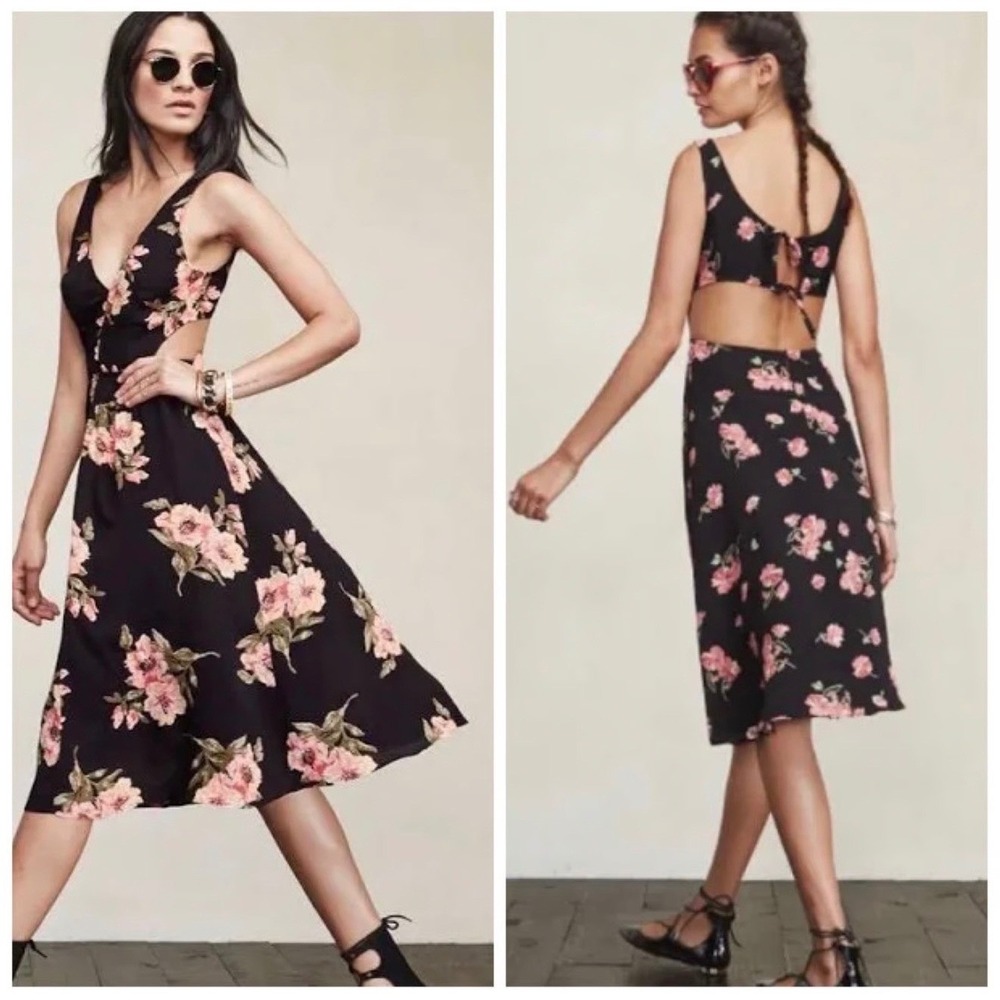 Reformation Womens Dark Floral Back Cutout Midi Dress Size 4 Romantic Cottage - Picture 1 of 10